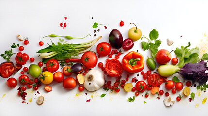 Naklejka na ściany i meble Fresh fruits and vegetables at white, healthy eating, organic food concept AI generative illustration 