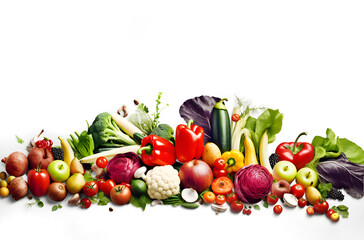 Fototapeta na wymiar Fresh fruits and vegetables at white, healthy eating, organic food concept AI generative illustration 
