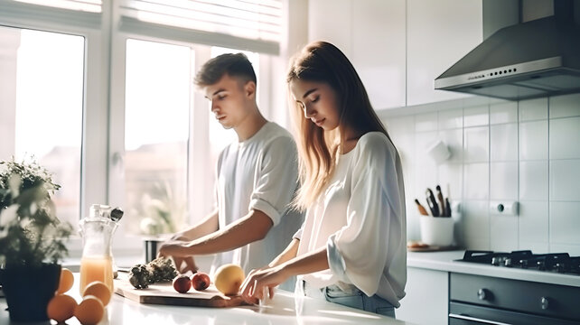 Young people, students cooking on kitchen, healthy eating, romantic relationship concept AI generative illustration