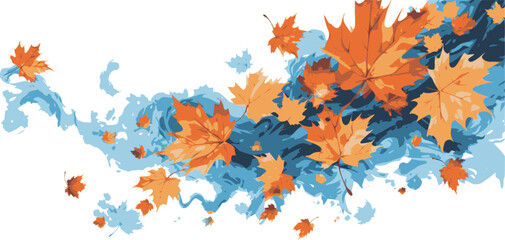Illustration composition of colorful fall leaves with blue spots on white for Thanksgiving invitation, border or background with copy space.