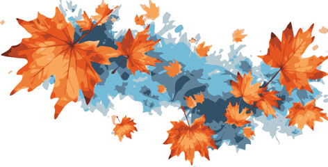 Illustration composition of colorful fall leaves with blue spots on white for Thanksgiving invitation, border or background with copy space.