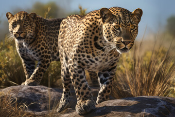Leopards on the background of the sunset in the desert tropics, animal. generative ai