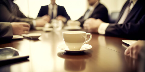 Office meeting with coffee cup on table with blurred business people. Group of business people having coffee together during a meeting in the office