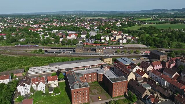 Drone shot of Minden Central Station ( Minden Hauptbahnhof ) , Germany .