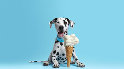 Niedlicher Dalmatiner isst ein riesiges Eis.