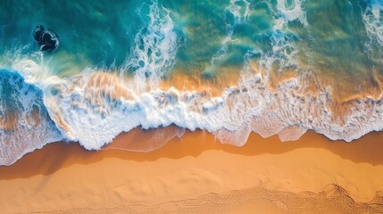 Fototapeta na wymiar Aerial View: Summer Beach and Sparkling Blue Ocean Under a Clear Sky