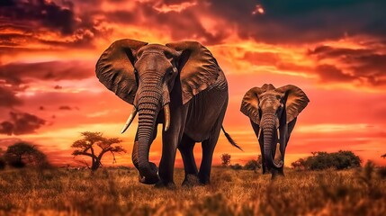 Amazing african elephants at sunset concept A professional photography should use a high - quality Generative AI
