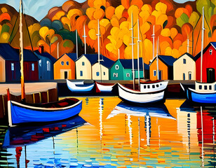 impressionist style painting of a street of brightly painted houses in a traditional seaside village in summer