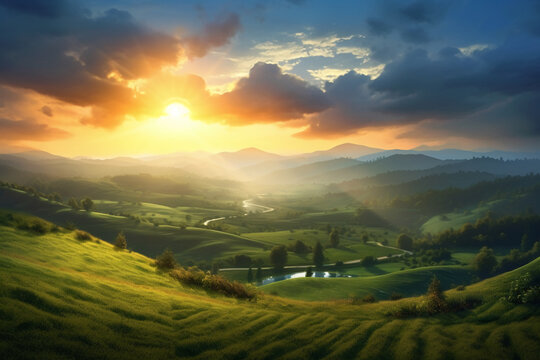 The sun rises over a hillside with grassy fields and an area with a hill. AI generative