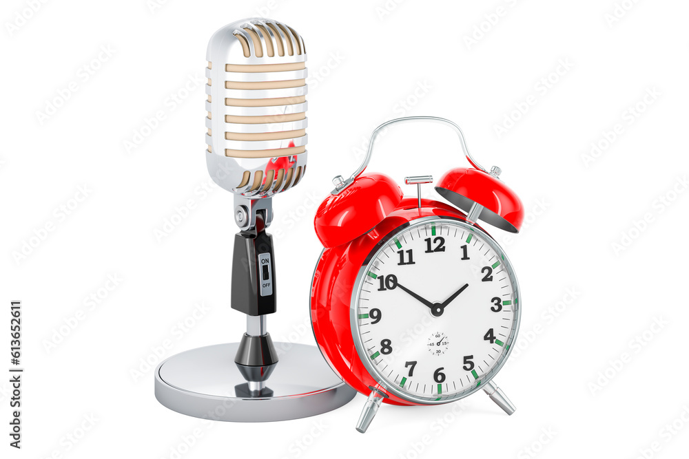 Poster retro microphone with alarm clock, 3d rendering