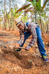 A farmer with a hoe in hand works the land in Africa, vertical photo