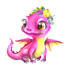 Fototapeta premium Pink dragon, illustration cute little dragon, symbol of the year 2024, the year of the Dragon