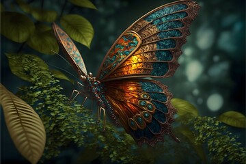 Fototapeta na wymiar alien butterfly, landing on a branch, intricate iridescent color patterns, sinuous flowing wing design, 8K