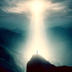 Small figure bathed in divine light, standing on top of a mountain overlooking a valley