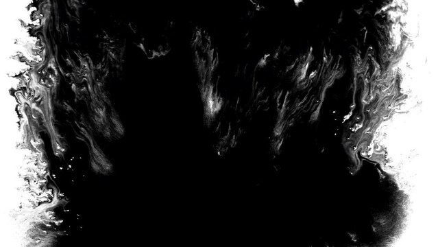 Black ink artistic flow splatter spots spills white paper beautiful reveal dripping streaks spread fluid ink alpha matte isolated watercolor ink drops transition	
