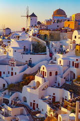 iconic sunset view of Santorini, Greece.
