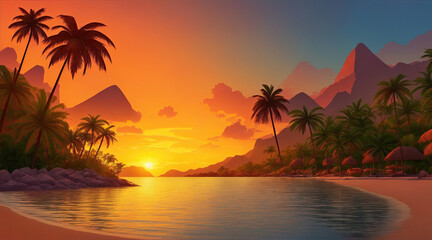 Illustration of a tropical bay with palm trees, beach, sea and mountains at sunset. AI Generative.
