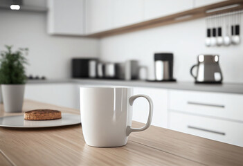 White blank mockup mug on a kitchen table with modern minimalistic interior on the background. Place for text. Generative AI.