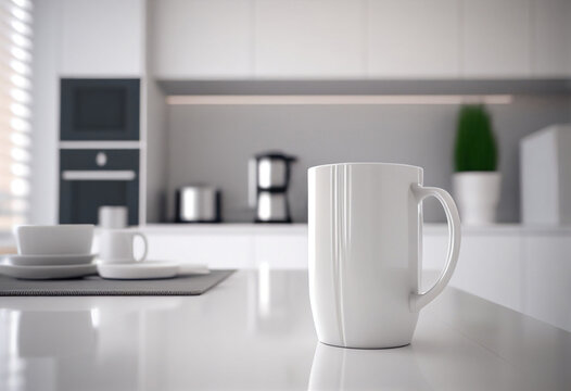 White blank mockup mug on a kitchen table with modern minimalistic interior on the background. Place for text. Generative AI. © polinaloves