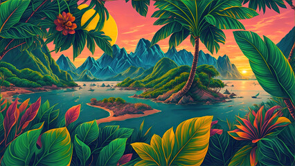 Illustration of a tropical bay with palm trees, beach, sea and mountains at sunset. AI Generative.