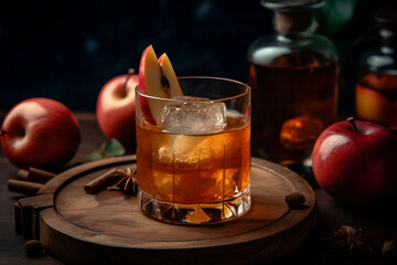 Apple cider old fashioned alcohol cocktail front view. AI generated