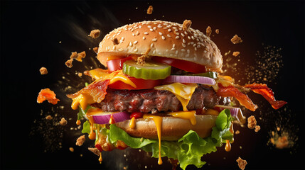 tasty fully loaded cheeseburger epic action shot photography with a black background