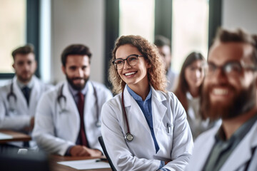 Smiling doctor interacting with a group of medical students during a lecture, doctor, hospital Generative AI
