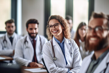 Fototapeta premium Smiling doctor interacting with a group of medical students during a lecture, doctor, hospital Generative AI