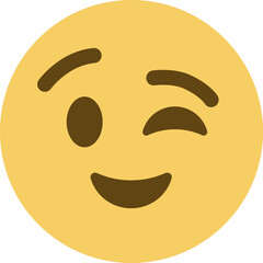 Winking Face vector emoji icon. A yellow face with a slight smile or open mouth shown winking, usually its left eye. May signal a joke, flirtation, hidden meaning, or general positivity.