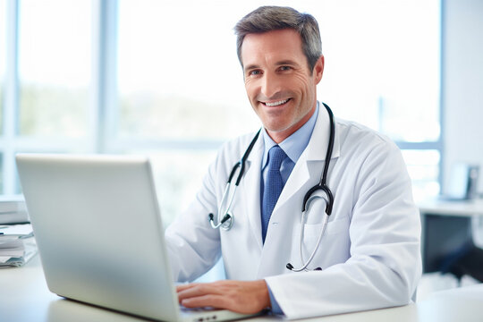 Smiling doctor reviewing a patient's medical history on a computer screen, doctor, hospital Generative AI