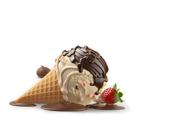 Delicious ice cream in a cone with chocolate coating isolated on white background. Generative ai