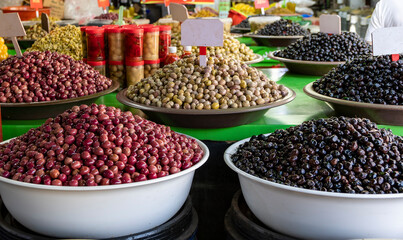 Olives of every variety and flavor in the souk of Rue Ibn Khaldoun, in the medina of the Habaus...
