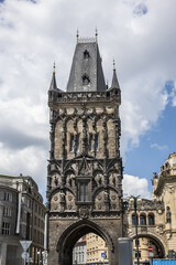 Gothic Powder Tower or Powder Gate (Prasna Brana, from 1475) in Prague Old Town. Prague, Czech Republic.