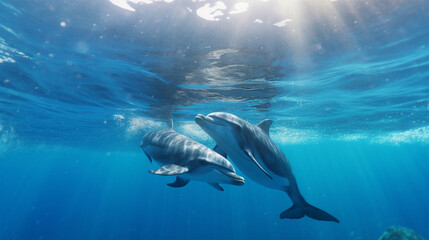 A happy family of dolphins swimming in the ocean, underwater photography.