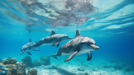 Obraz na płótnie Canvas A happy family of dolphins swimming in the ocean, underwater photography.