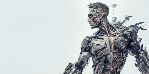 A strong and powerful humanoid robot stands on an isolated background. Generative AI