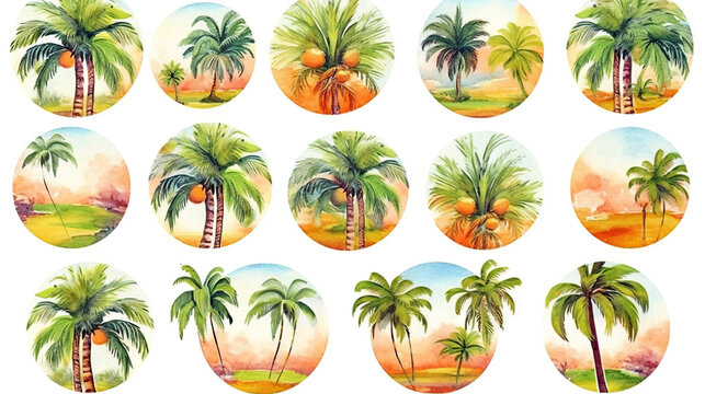 watercolor stickers set of summer elements, generative ai