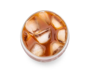 Glass of tasty ice coffee on white background