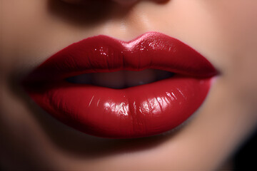 Fototapeta premium Female lips with red lipstick close up. Generative AI.