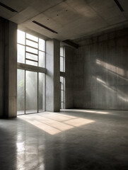 Empty brutalist room with no furniture, created with generative AI technology