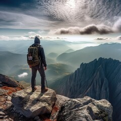 Hiker with backpack standing the summit of a mountain, Experience the exhilaration of a breathtaking mountain
