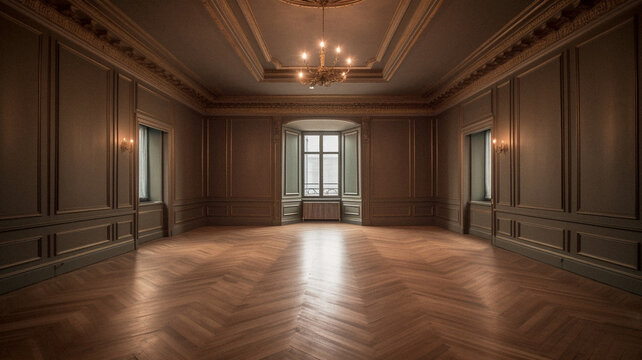 Empty Beaux arts room with no furniture, created with generative AI technology