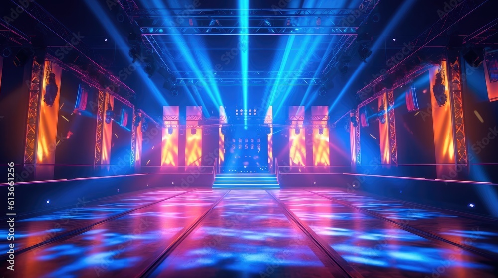 Poster rays of light illuminate the scene on stage.