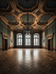 Empty baroque room with no furniture, created with generative AI technology
