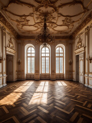 Empty baroque room with no furniture, created with generative AI technology
