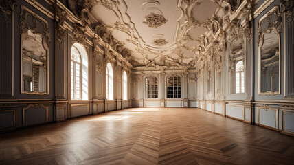 Empty baroque room with no furniture, created with generative AI technology