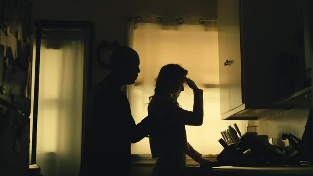 Latino Man Consoling Emotional Caucasian Woman Partner, Slow Motion. Shot with ARRI Alexa in ArriRaw at 120 fps, exported 23.98 fps QuickTime Apple ProRes 422 HQ.