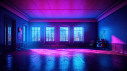 Empty neon room in neon lighting with no furniture, created with generative AI technology