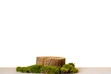 natural style. Wooden saw cut, round podium with green moss on a transparent background. Still life...