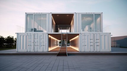 modern industry exterior style house, Made from converted shipping container, Sustainability for environmental preservation.